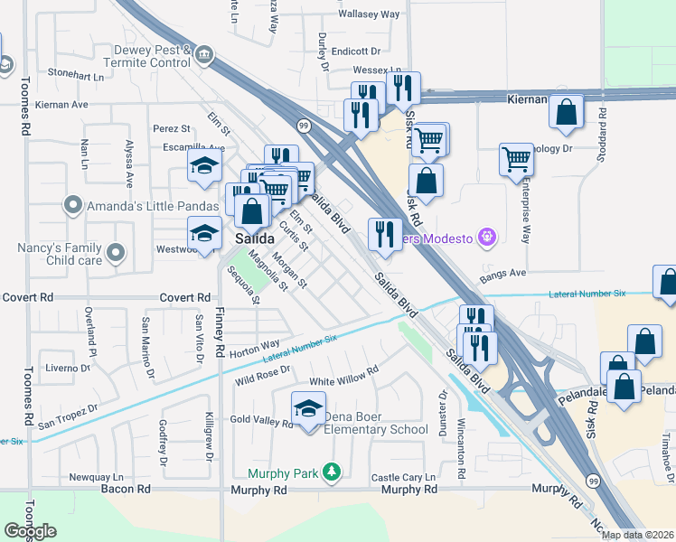 map of restaurants, bars, coffee shops, grocery stores, and more near 4607 McGinn Avenue in Salida