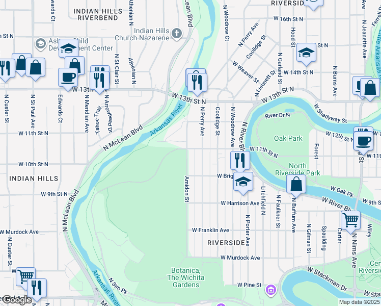 map of restaurants, bars, coffee shops, grocery stores, and more near 1152 Amidon Street in Wichita