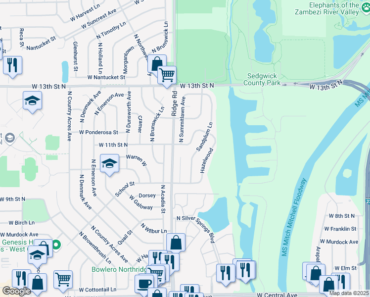 map of restaurants, bars, coffee shops, grocery stores, and more near 1133 North Sandplum Lane in Wichita