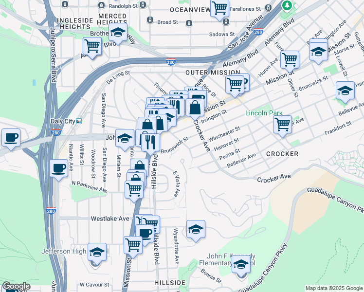 map of restaurants, bars, coffee shops, grocery stores, and more near 208 Wellington Avenue in Daly City