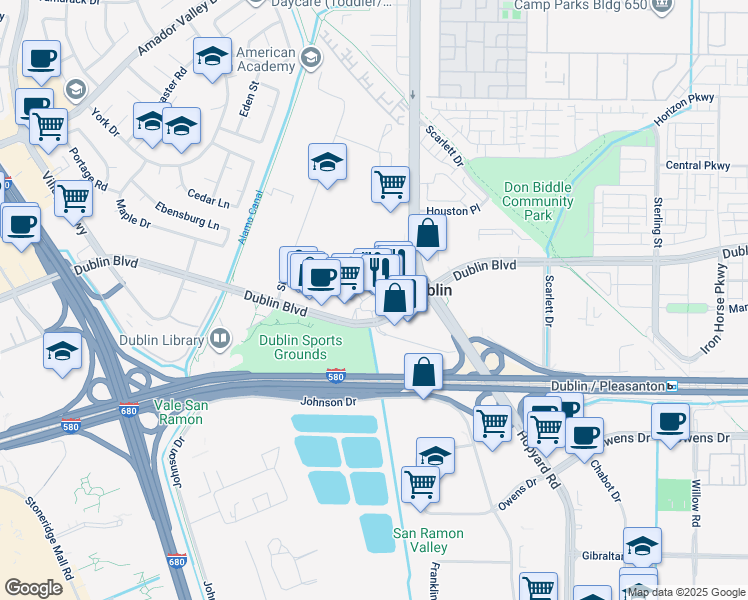 map of restaurants, bars, coffee shops, grocery stores, and more near 6601 Dublin Boulevard in Dublin