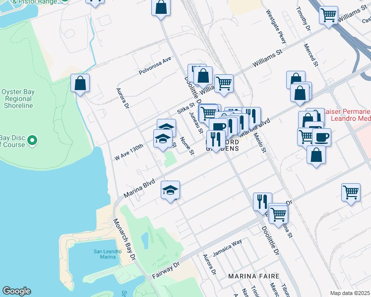 map of restaurants, bars, coffee shops, grocery stores, and more near 2161 Arctic Street in San Leandro