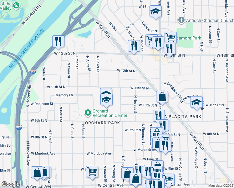 map of restaurants, bars, coffee shops, grocery stores, and more near 1101 North Dougherty Avenue in Wichita