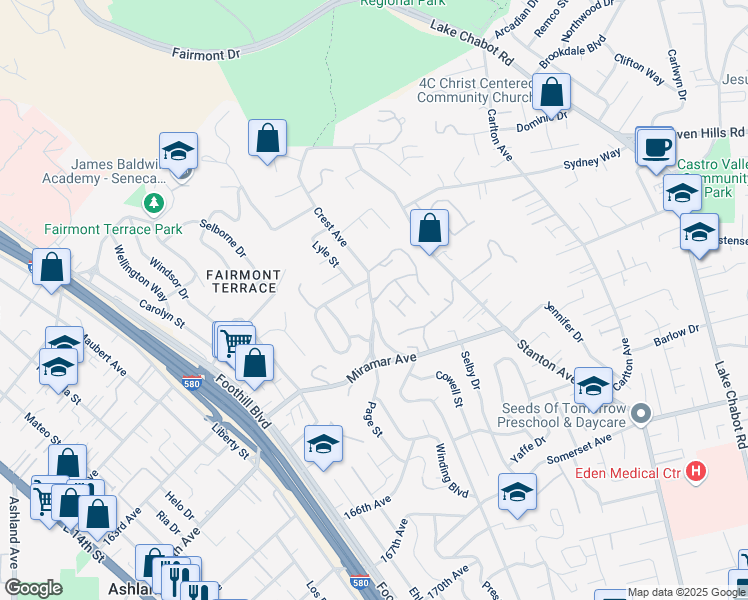 map of restaurants, bars, coffee shops, grocery stores, and more near 19100 Crest Avenue in Castro Valley