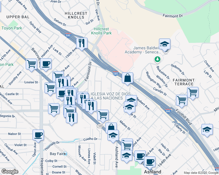 map of restaurants, bars, coffee shops, grocery stores, and more near 1612 Mono Avenue in San Leandro