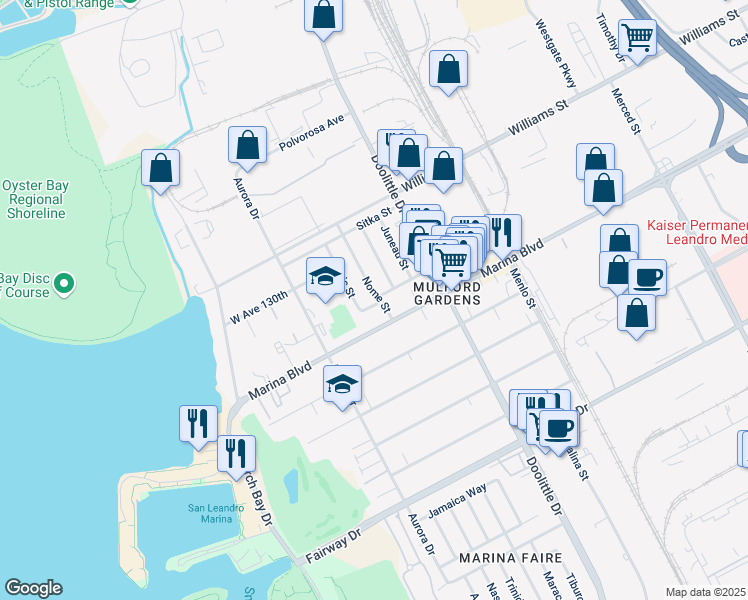 map of restaurants, bars, coffee shops, grocery stores, and more near 2161 Arctic Street in San Leandro