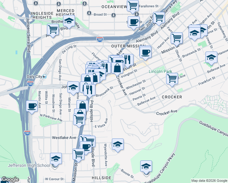 map of restaurants, bars, coffee shops, grocery stores, and more near in Daly City