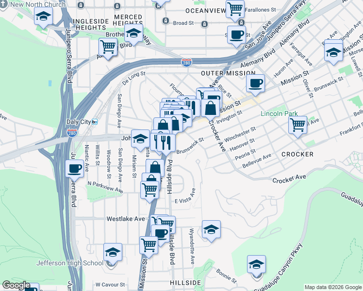 map of restaurants, bars, coffee shops, grocery stores, and more near 1399 Brunswick Street in Daly City