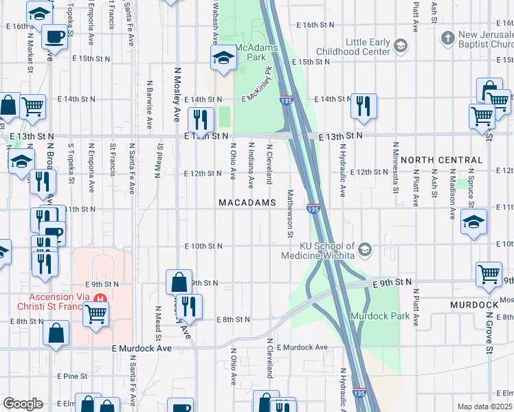 map of restaurants, bars, coffee shops, grocery stores, and more near 1152 Indiana in Wichita