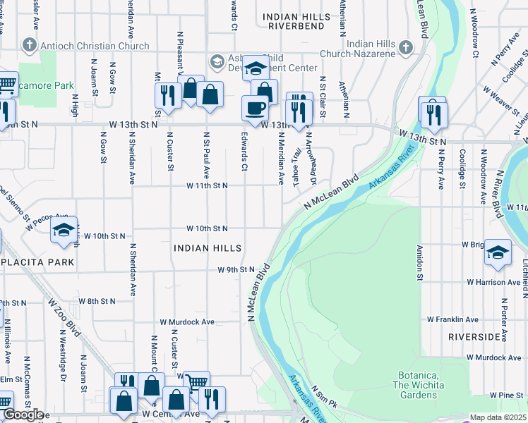 map of restaurants, bars, coffee shops, grocery stores, and more near 2638 West 10th Street North in Wichita