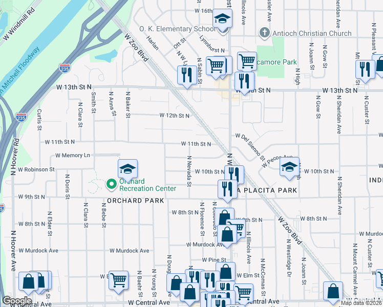 map of restaurants, bars, coffee shops, grocery stores, and more near 4309 West Memory Lane in Wichita