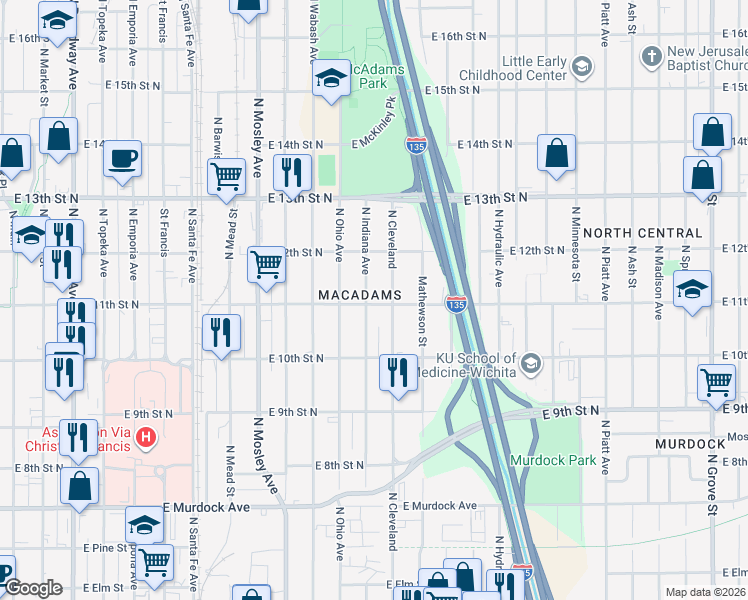 map of restaurants, bars, coffee shops, grocery stores, and more near 1152 Indiana in Wichita