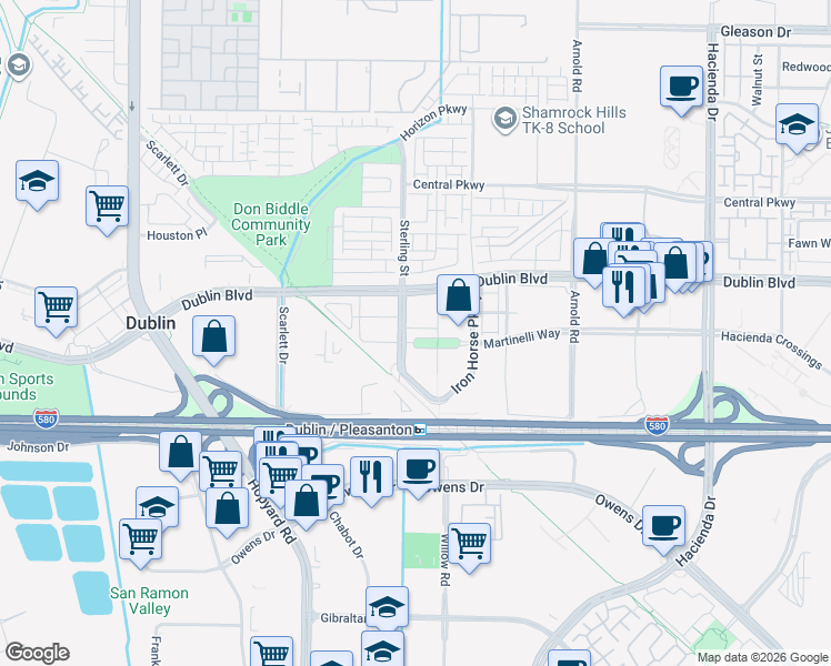 map of restaurants, bars, coffee shops, grocery stores, and more near 5425 DeMarcus Boulevard in Dublin