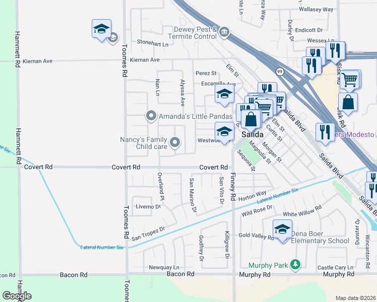 map of restaurants, bars, coffee shops, grocery stores, and more near 5153 Covert Road in Salida