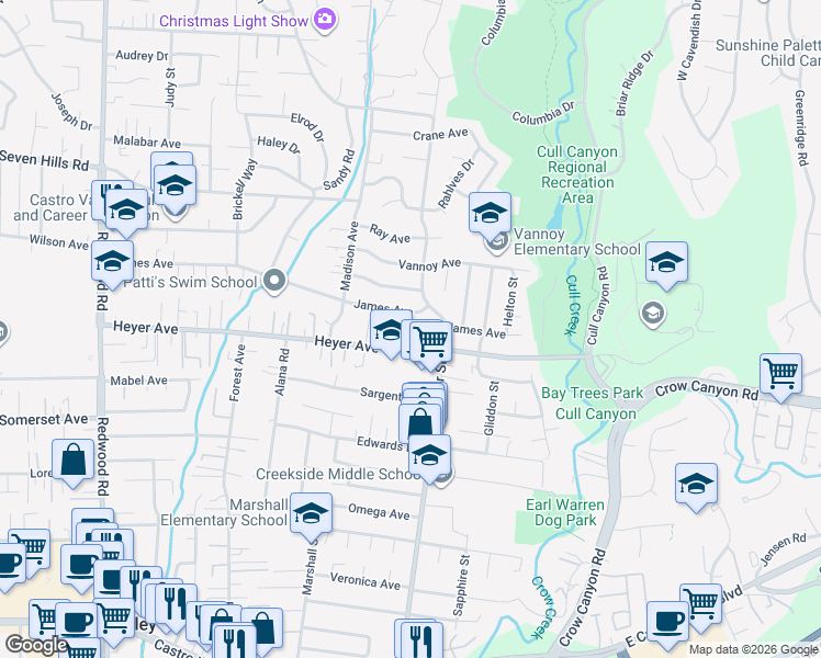 map of restaurants, bars, coffee shops, grocery stores, and more near 4796 Heyer Avenue in Castro Valley