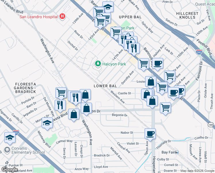map of restaurants, bars, coffee shops, grocery stores, and more near 1202 Lillian Avenue in San Leandro