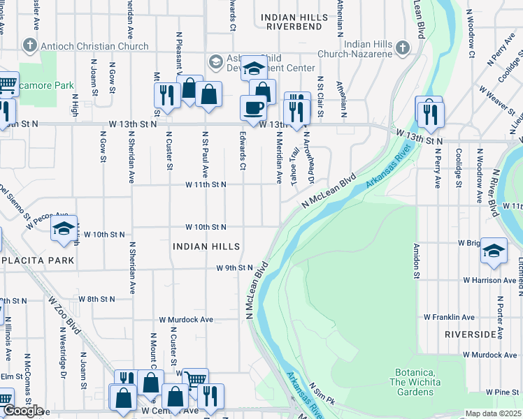 map of restaurants, bars, coffee shops, grocery stores, and more near 2638 West 10th Street North in Wichita
