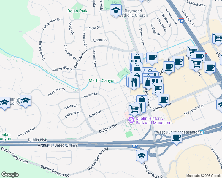 map of restaurants, bars, coffee shops, grocery stores, and more near 11756 Shadow Drive in Dublin