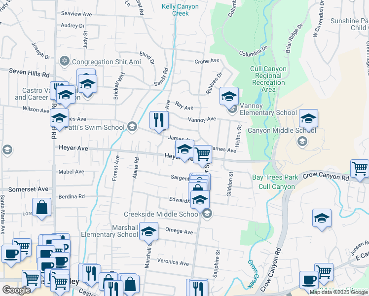 map of restaurants, bars, coffee shops, grocery stores, and more near 19179 Alpha Court in Castro Valley