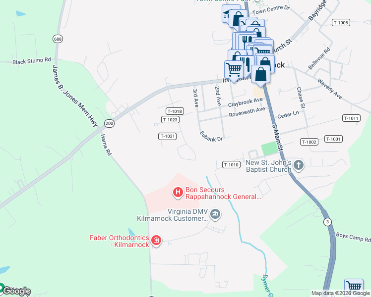 map of restaurants, bars, coffee shops, grocery stores, and more near 238 Walnut Drive in Kilmarnock