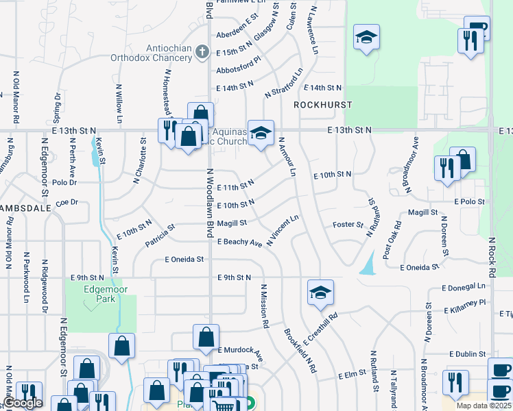 map of restaurants, bars, coffee shops, grocery stores, and more near 6510 Magill Street in Wichita