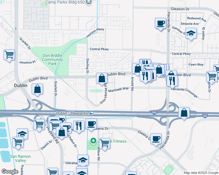 map of restaurants, bars, coffee shops, grocery stores, and more near 5211 South Esprit Loop in Dublin