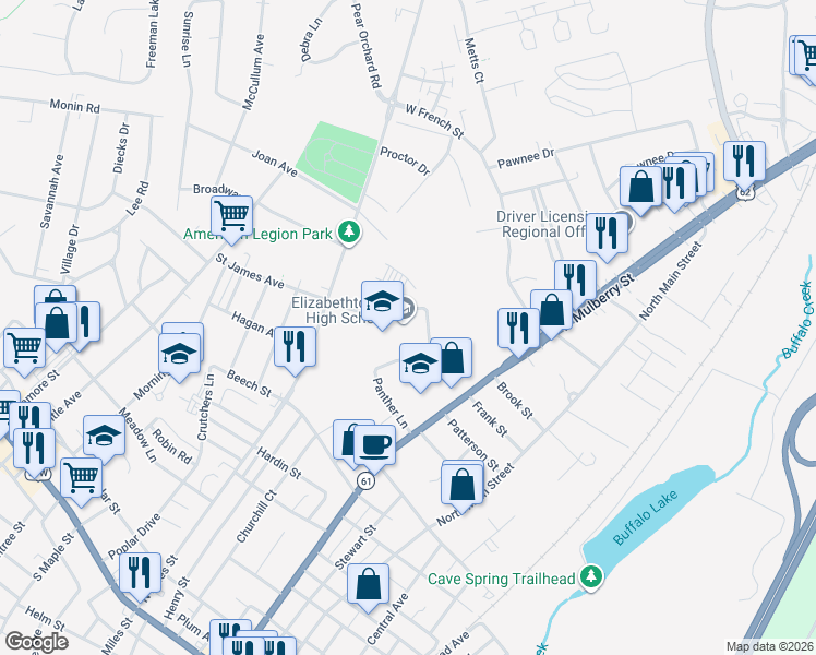 map of restaurants, bars, coffee shops, grocery stores, and more near 620 North Mulberry Street in Elizabethtown