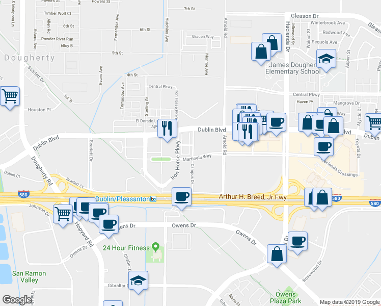 map of restaurants, bars, coffee shops, grocery stores, and more near 5260 Campus Drive in Dublin
