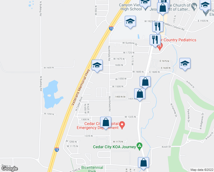 map of restaurants, bars, coffee shops, grocery stores, and more near 396 West 1500 North in Cedar City
