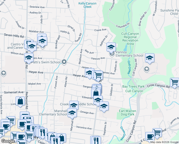 map of restaurants, bars, coffee shops, grocery stores, and more near 4788 Alpha Court in Castro Valley