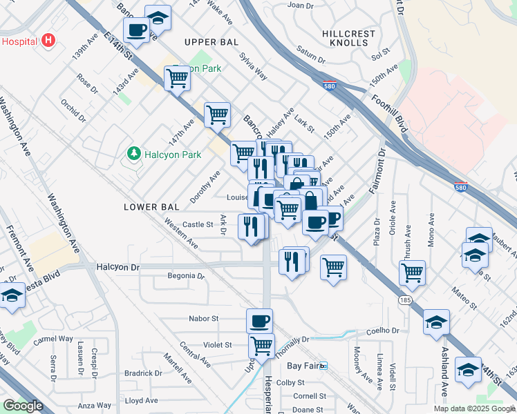 map of restaurants, bars, coffee shops, grocery stores, and more near 15031 Hesperian Boulevard in San Leandro