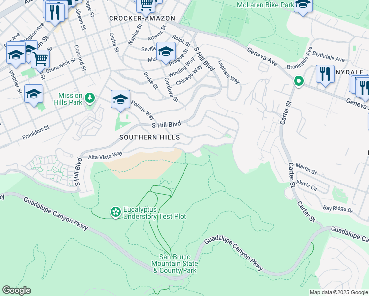 map of restaurants, bars, coffee shops, grocery stores, and more near 78 Alta Vista Way in Daly City
