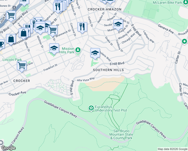 map of restaurants, bars, coffee shops, grocery stores, and more near 217 Alta Vista Way in Daly City