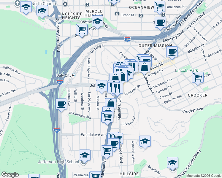 map of restaurants, bars, coffee shops, grocery stores, and more near 6500 Mission Street in Daly City