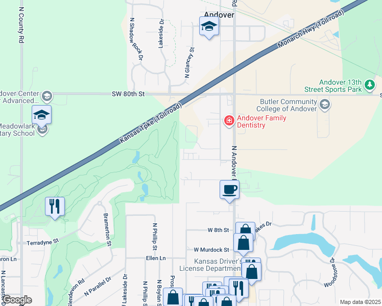 map of restaurants, bars, coffee shops, grocery stores, and more near 323 West Mike Street in Andover