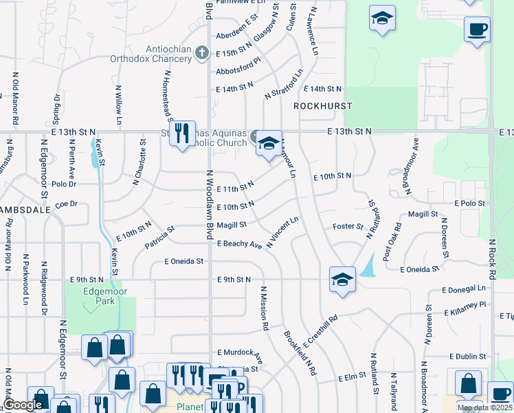 map of restaurants, bars, coffee shops, grocery stores, and more near 6510 Magill Street in Wichita