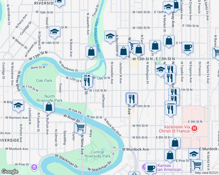 map of restaurants, bars, coffee shops, grocery stores, and more near 1144 Jefferson in Wichita