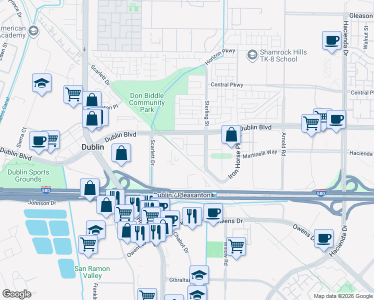 map of restaurants, bars, coffee shops, grocery stores, and more near 6005 Scarlett Court in Dublin
