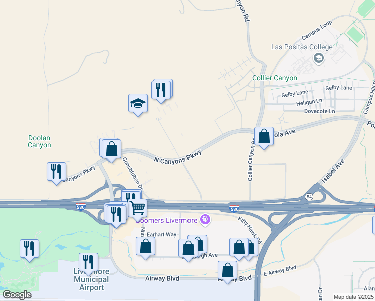 map of restaurants, bars, coffee shops, grocery stores, and more near 598 North Canyons Parkway in Livermore