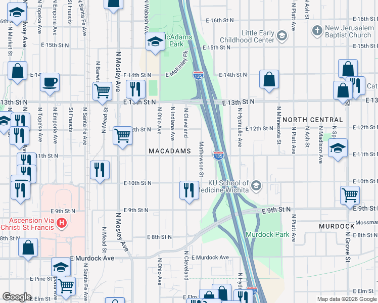 map of restaurants, bars, coffee shops, grocery stores, and more near 1150 North Cleveland in Wichita
