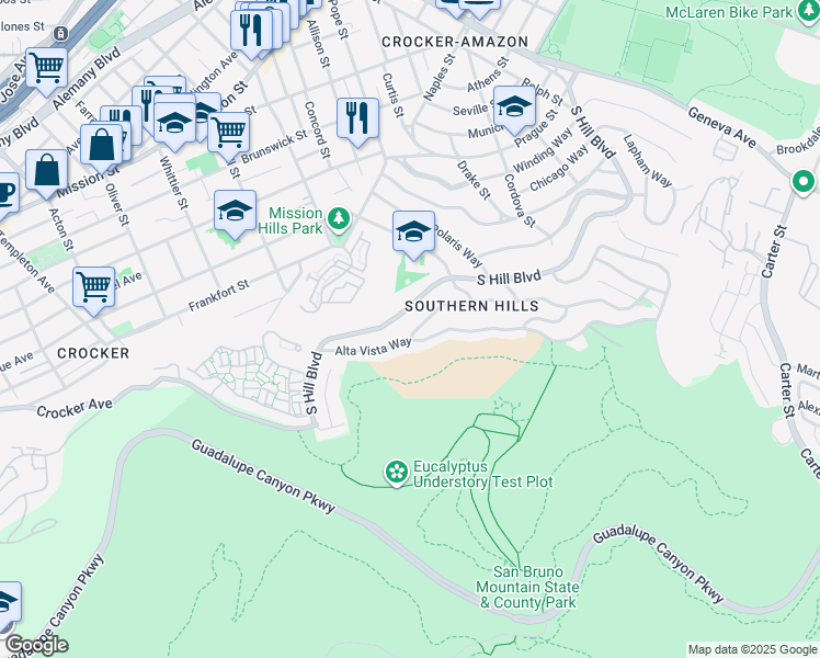 map of restaurants, bars, coffee shops, grocery stores, and more near 217 Alta Vista Way in Daly City