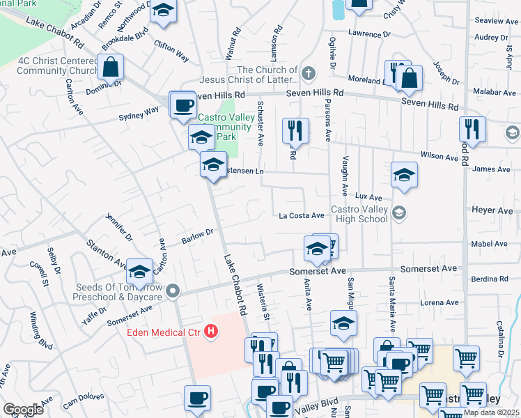 map of restaurants, bars, coffee shops, grocery stores, and more near 19336 Brusk Court in Castro Valley