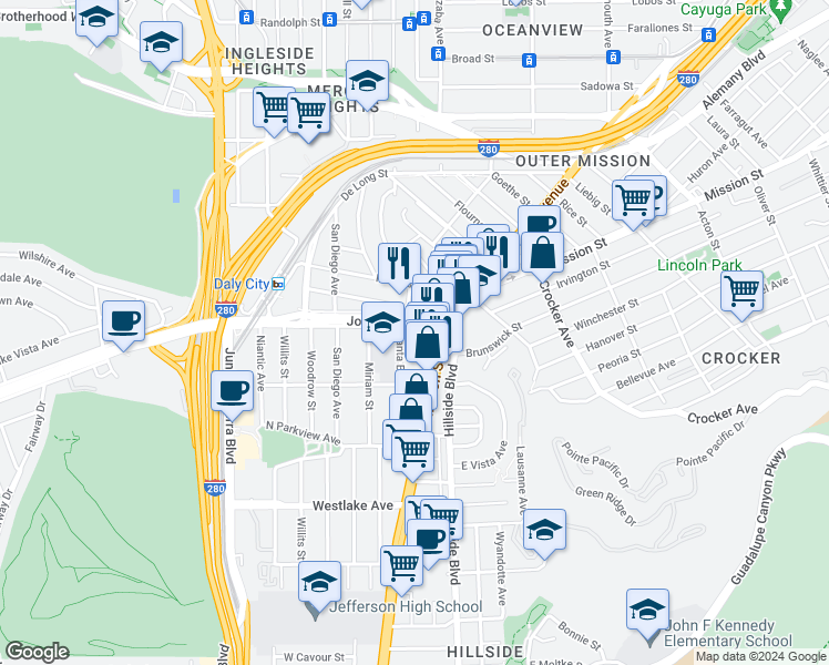 map of restaurants, bars, coffee shops, grocery stores, and more near 65 Knowles Avenue in Daly City