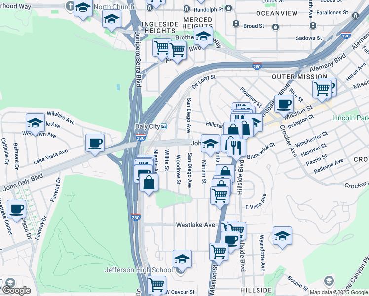 map of restaurants, bars, coffee shops, grocery stores, and more near 226 Los Banos Avenue in Daly City