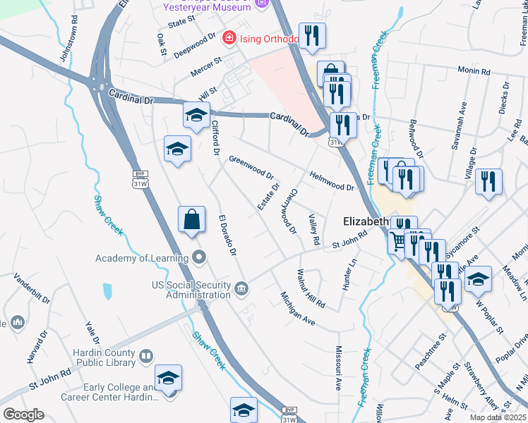 map of restaurants, bars, coffee shops, grocery stores, and more near 308 Estate Drive in Elizabethtown