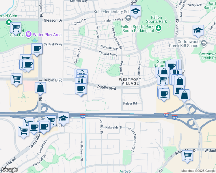 map of restaurants, bars, coffee shops, grocery stores, and more near 3100 Dublin Boulevard in Dublin
