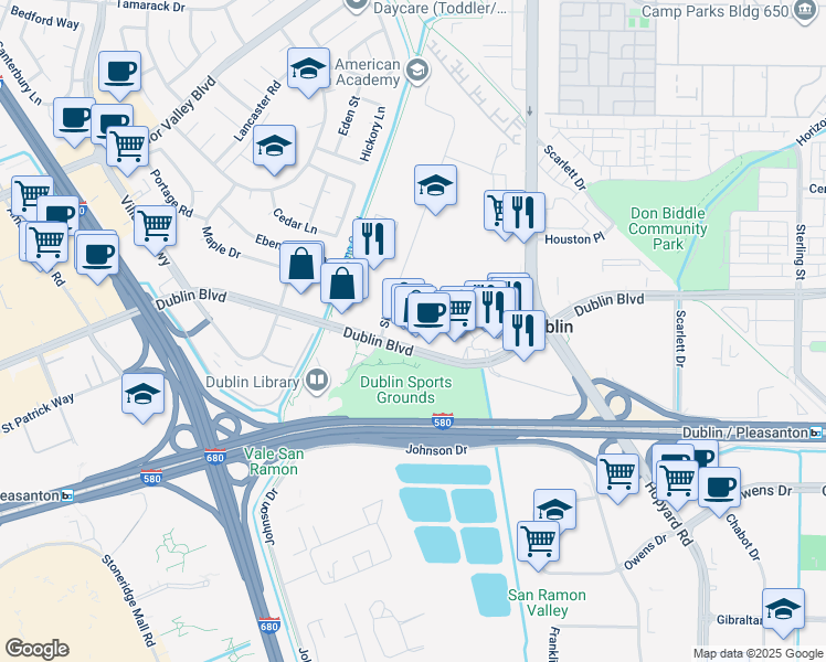 map of restaurants, bars, coffee shops, grocery stores, and more near 6291 Sierra Court in Dublin