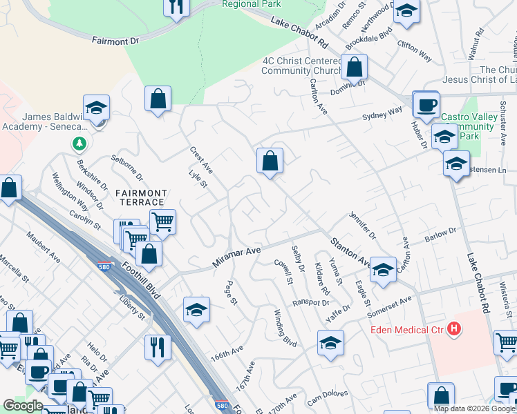 map of restaurants, bars, coffee shops, grocery stores, and more near 19100 Crest Avenue in Castro Valley