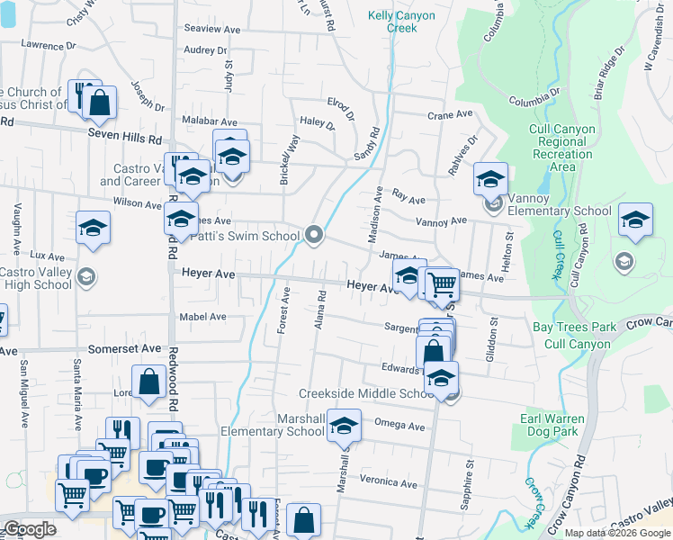 map of restaurants, bars, coffee shops, grocery stores, and more near 19101 Madison Avenue in Castro Valley