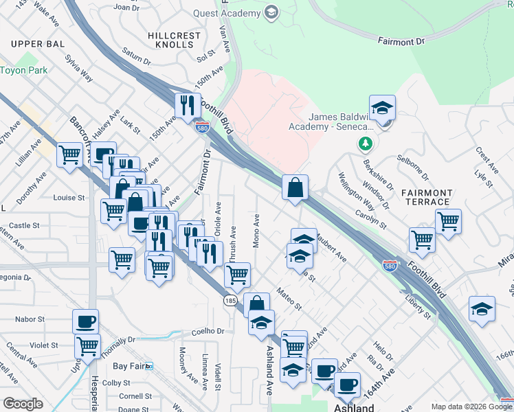 map of restaurants, bars, coffee shops, grocery stores, and more near 15602 Maubert Avenue in San Leandro